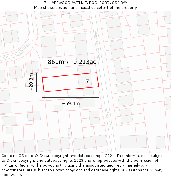 7, HAREWOOD AVENUE, ROCHFORD, SS4 3AY: Plot and title map