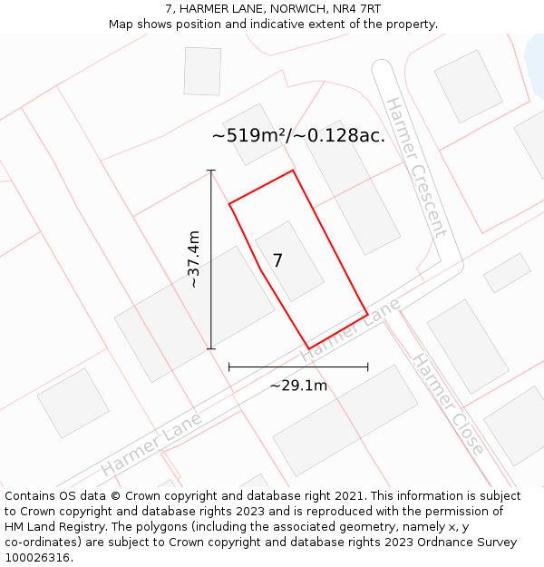 7, HARMER LANE, NORWICH, NR4 7RT: Plot and title map