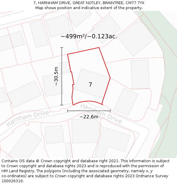 7, HARNHAM DRIVE, GREAT NOTLEY, BRAINTREE, CM77 7YX: Plot and title map