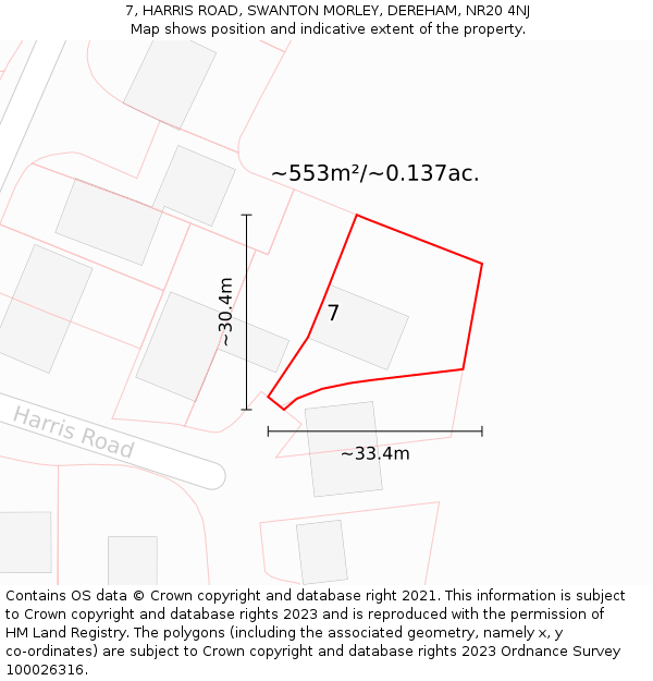 7, HARRIS ROAD, SWANTON MORLEY, DEREHAM, NR20 4NJ: Plot and title map