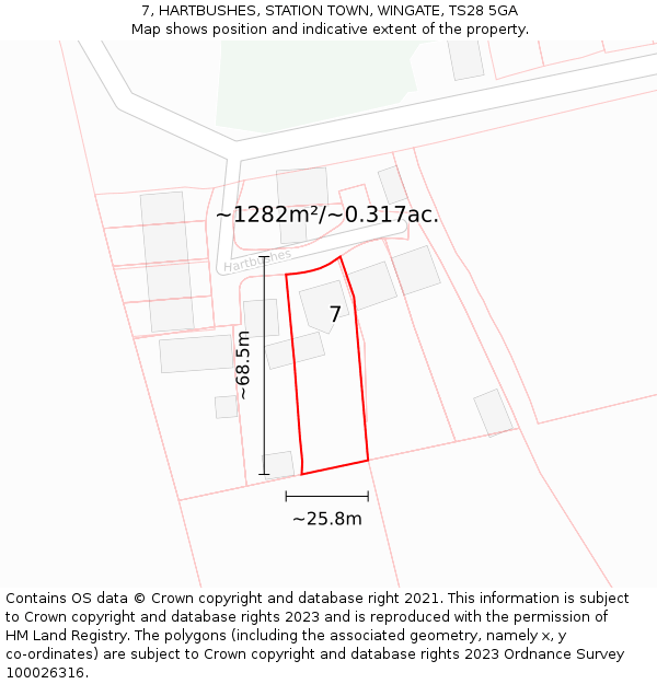 7, HARTBUSHES, STATION TOWN, WINGATE, TS28 5GA: Plot and title map