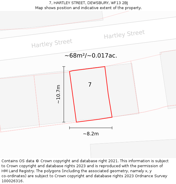 7, HARTLEY STREET, DEWSBURY, WF13 2BJ: Plot and title map