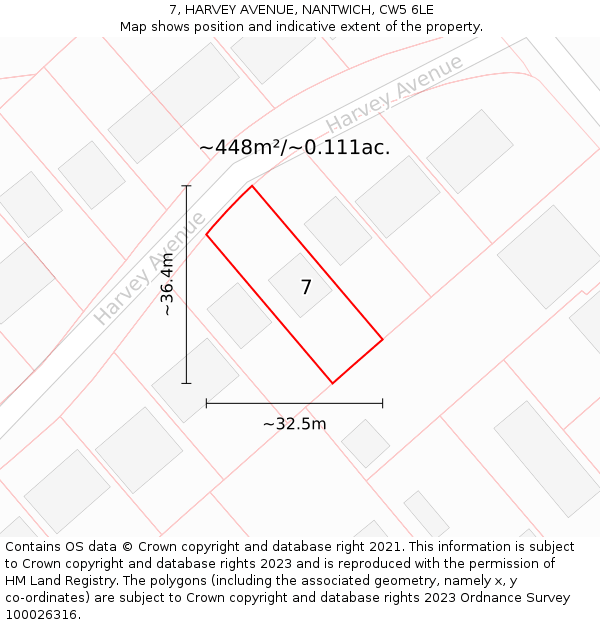 7, HARVEY AVENUE, NANTWICH, CW5 6LE: Plot and title map