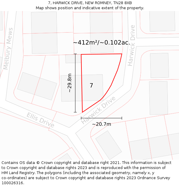 7, HARWICK DRIVE, NEW ROMNEY, TN28 8XB: Plot and title map