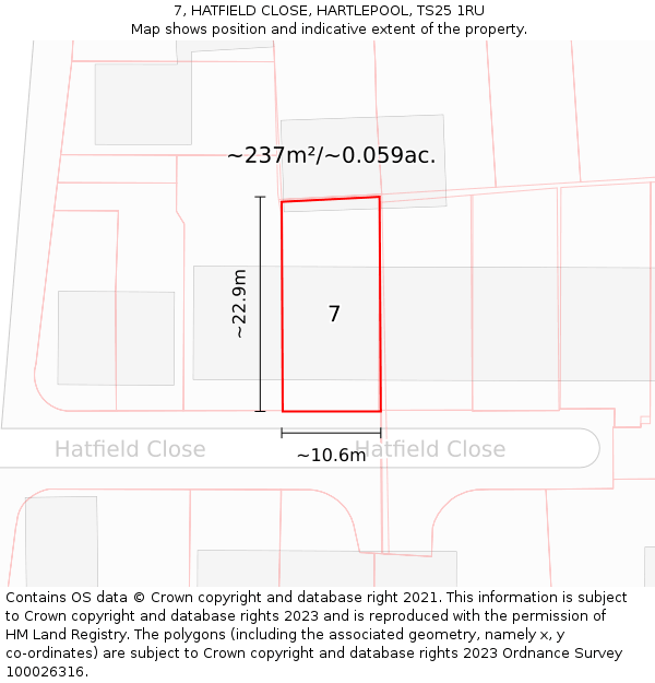 7, HATFIELD CLOSE, HARTLEPOOL, TS25 1RU: Plot and title map