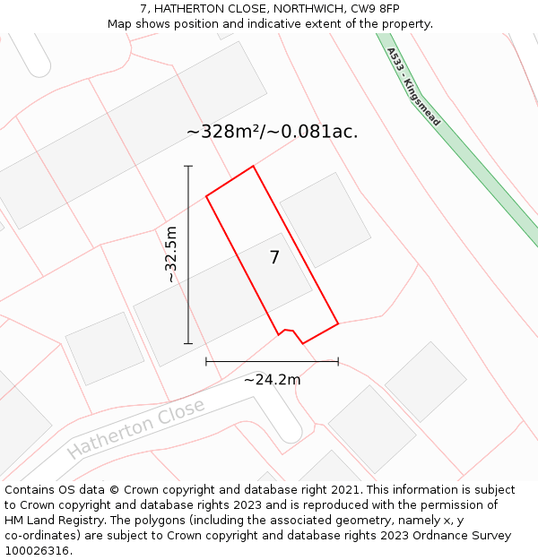 7, HATHERTON CLOSE, NORTHWICH, CW9 8FP: Plot and title map