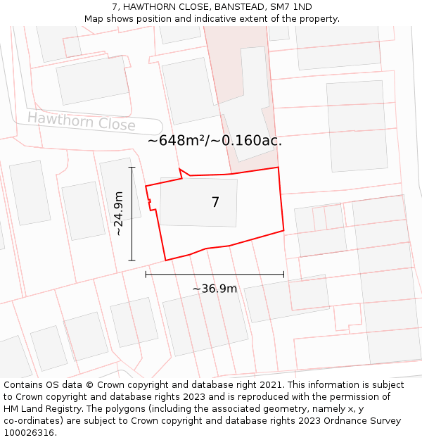 7, HAWTHORN CLOSE, BANSTEAD, SM7 1ND: Plot and title map