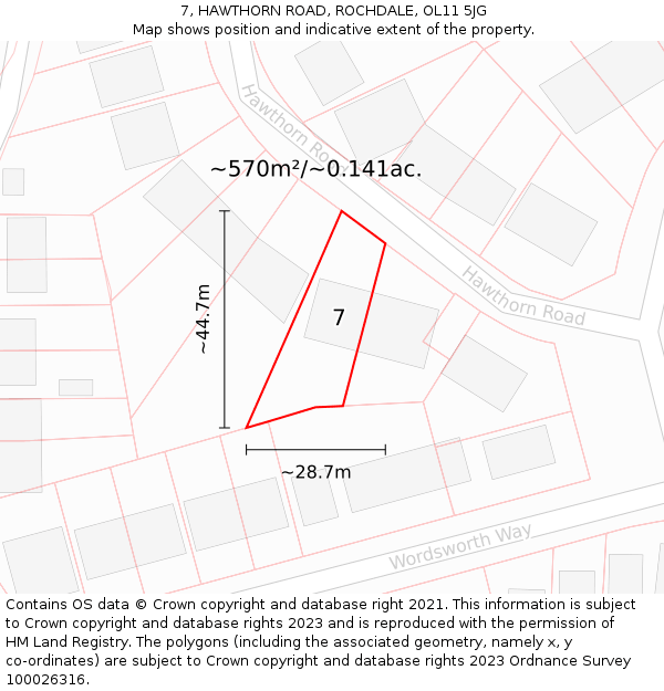 7, HAWTHORN ROAD, ROCHDALE, OL11 5JG: Plot and title map