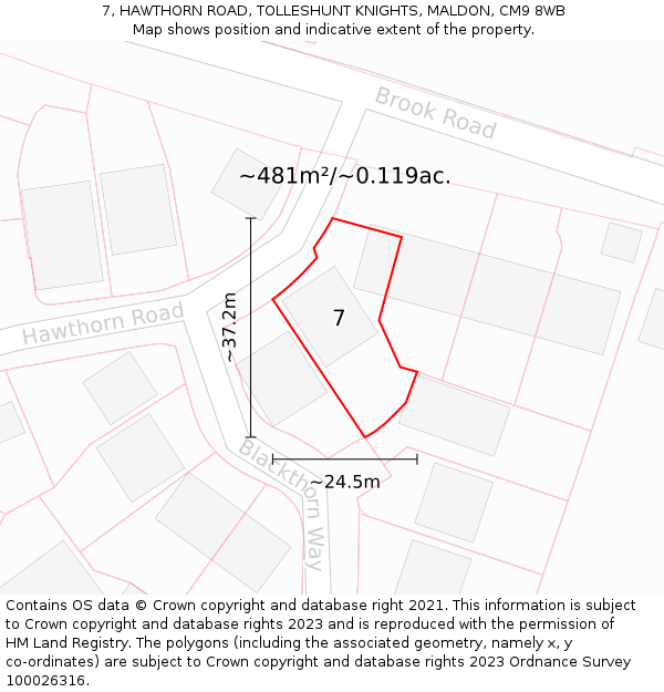 7, HAWTHORN ROAD, TOLLESHUNT KNIGHTS, MALDON, CM9 8WB: Plot and title map