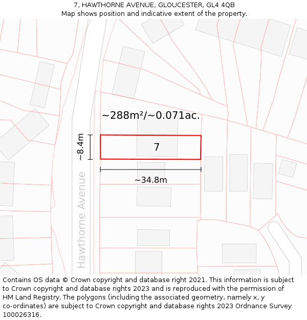 7, HAWTHORNE AVENUE, GLOUCESTER, GL4 4QB: Plot and title map