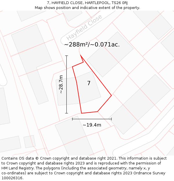 7, HAYFIELD CLOSE, HARTLEPOOL, TS26 0RJ: Plot and title map