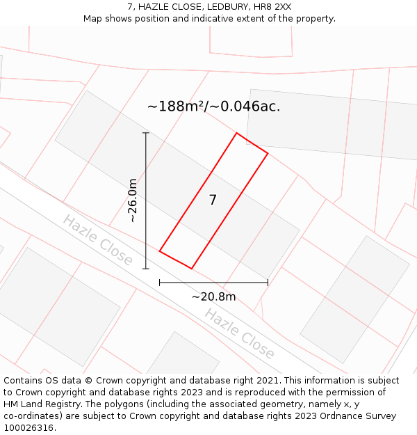 7, HAZLE CLOSE, LEDBURY, HR8 2XX: Plot and title map