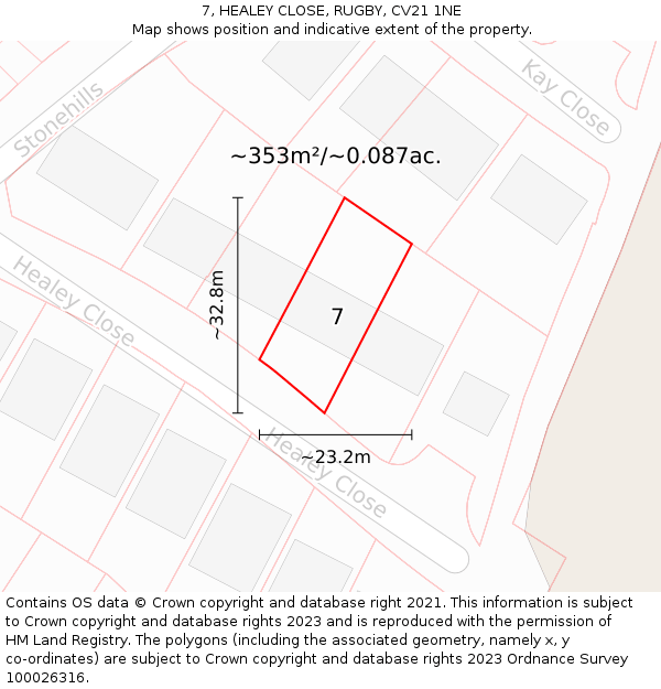 7, HEALEY CLOSE, RUGBY, CV21 1NE: Plot and title map