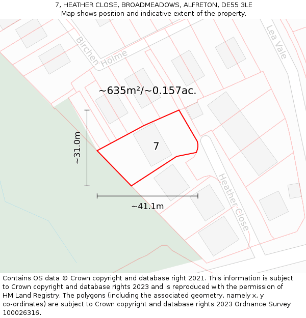 7, HEATHER CLOSE, BROADMEADOWS, ALFRETON, DE55 3LE: Plot and title map