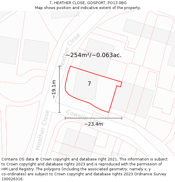 7, HEATHER CLOSE, GOSPORT, PO13 0BG: Plot and title map