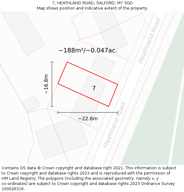 7, HEATHLAND ROAD, SALFORD, M7 3GD: Plot and title map