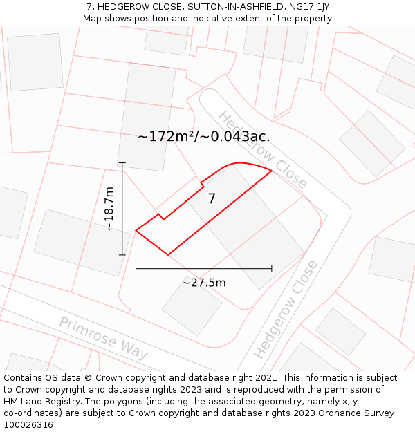 7, HEDGEROW CLOSE, SUTTON-IN-ASHFIELD, NG17 1JY: Plot and title map