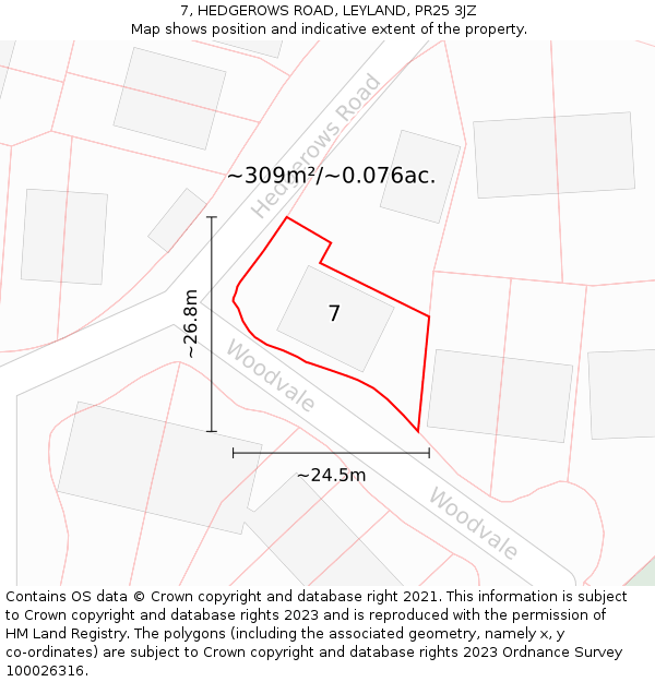 7, HEDGEROWS ROAD, LEYLAND, PR25 3JZ: Plot and title map