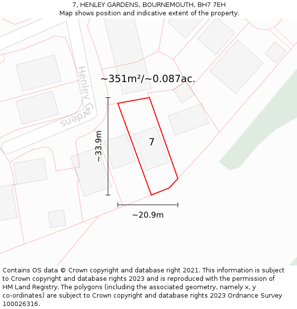 7, HENLEY GARDENS, BOURNEMOUTH, BH7 7EH: Plot and title map