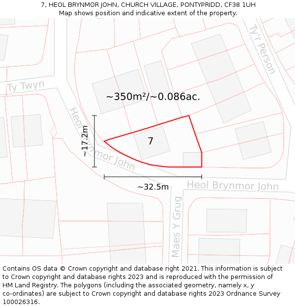 7, HEOL BRYNMOR JOHN, CHURCH VILLAGE, PONTYPRIDD, CF38 1UH: Plot and title map