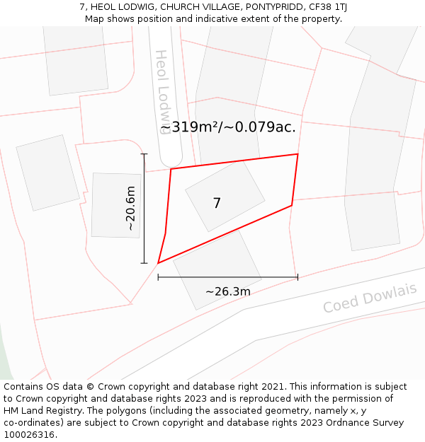 7, HEOL LODWIG, CHURCH VILLAGE, PONTYPRIDD, CF38 1TJ: Plot and title map