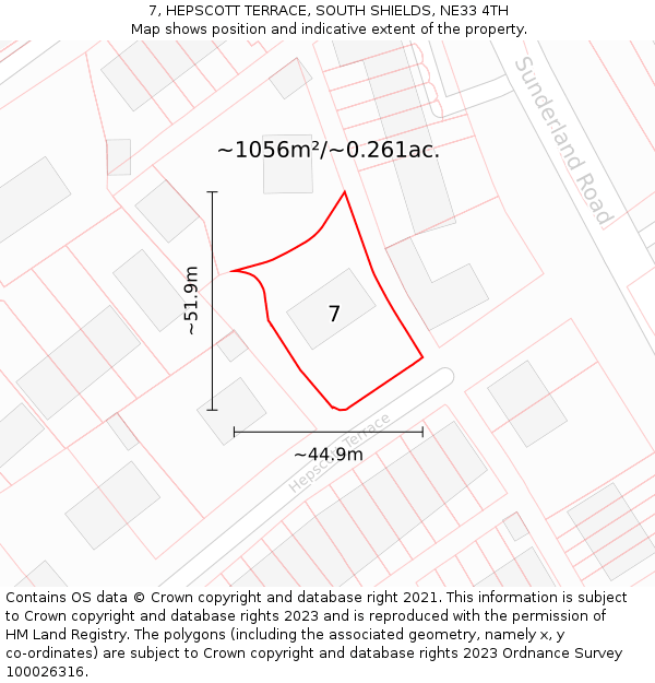 7, HEPSCOTT TERRACE, SOUTH SHIELDS, NE33 4TH: Plot and title map