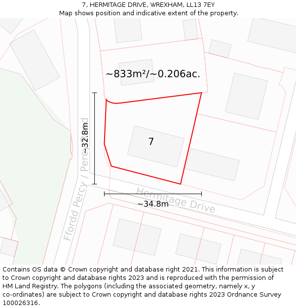 7, HERMITAGE DRIVE, WREXHAM, LL13 7EY: Plot and title map