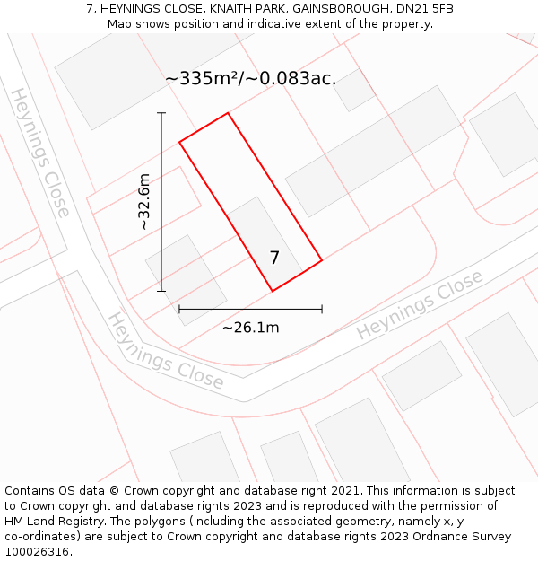 7, HEYNINGS CLOSE, KNAITH PARK, GAINSBOROUGH, DN21 5FB: Plot and title map