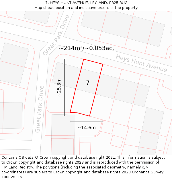 7, HEYS HUNT AVENUE, LEYLAND, PR25 3UG: Plot and title map