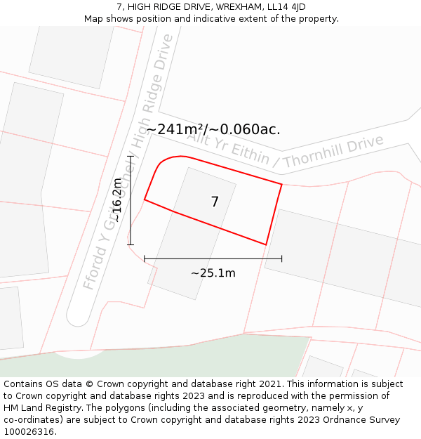 7, HIGH RIDGE DRIVE, WREXHAM, LL14 4JD: Plot and title map