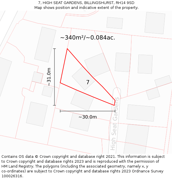 7, HIGH SEAT GARDENS, BILLINGSHURST, RH14 9SD: Plot and title map