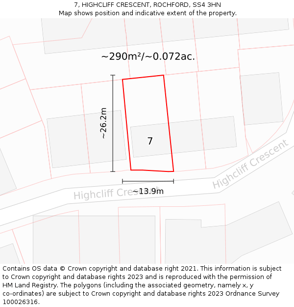 7, HIGHCLIFF CRESCENT, ROCHFORD, SS4 3HN: Plot and title map