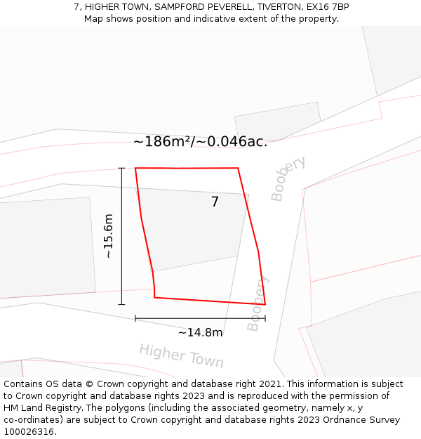 7, HIGHER TOWN, SAMPFORD PEVERELL, TIVERTON, EX16 7BP: Plot and title map