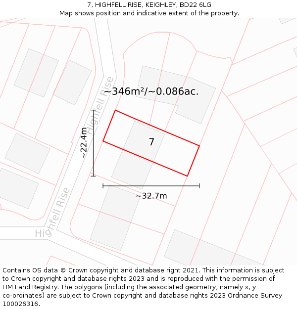 7, HIGHFELL RISE, KEIGHLEY, BD22 6LG: Plot and title map