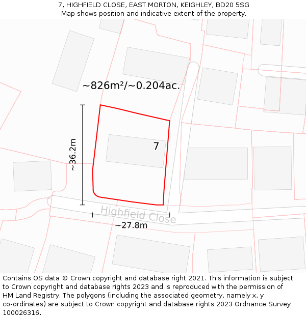 7, HIGHFIELD CLOSE, EAST MORTON, KEIGHLEY, BD20 5SG: Plot and title map