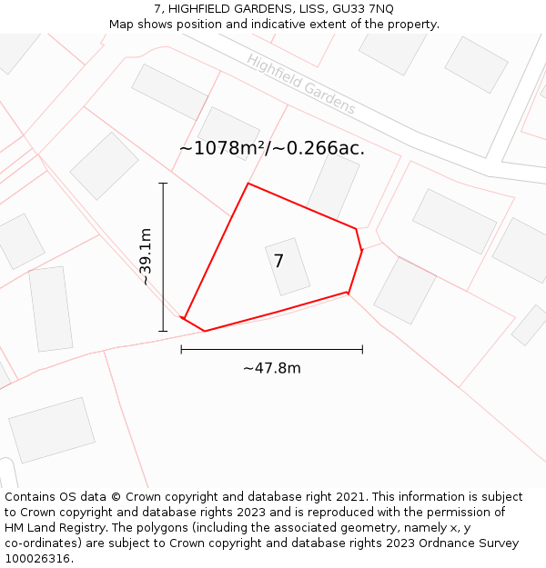 7, HIGHFIELD GARDENS, LISS, GU33 7NQ: Plot and title map