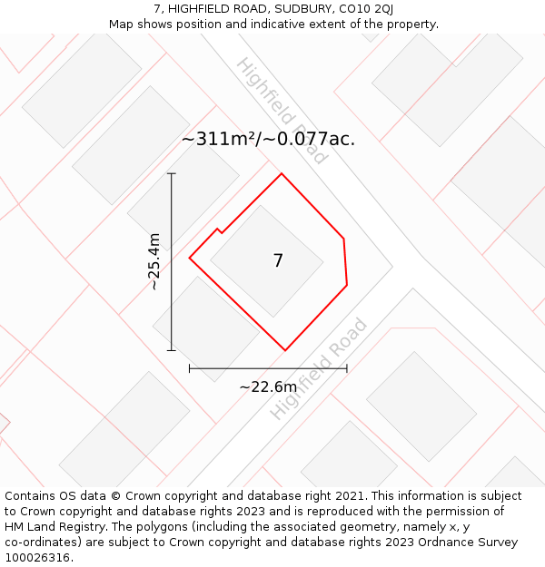 7, HIGHFIELD ROAD, SUDBURY, CO10 2QJ: Plot and title map