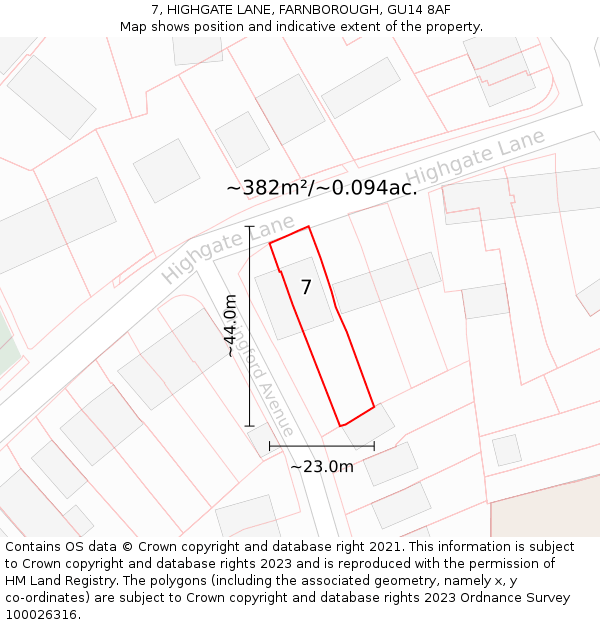 7, HIGHGATE LANE, FARNBOROUGH, GU14 8AF: Plot and title map