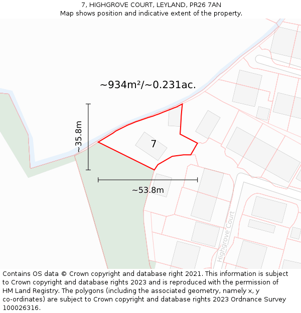 7, HIGHGROVE COURT, LEYLAND, PR26 7AN: Plot and title map