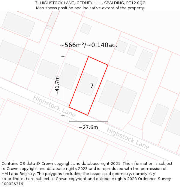 7, HIGHSTOCK LANE, GEDNEY HILL, SPALDING, PE12 0QG: Plot and title map