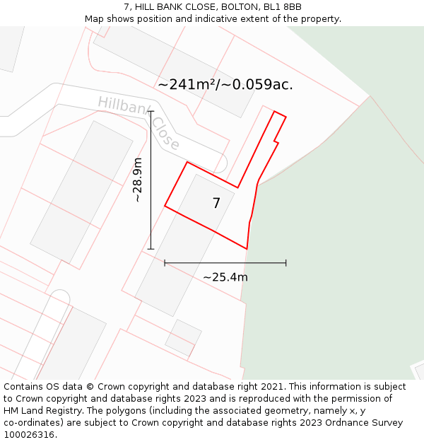 7, HILL BANK CLOSE, BOLTON, BL1 8BB: Plot and title map