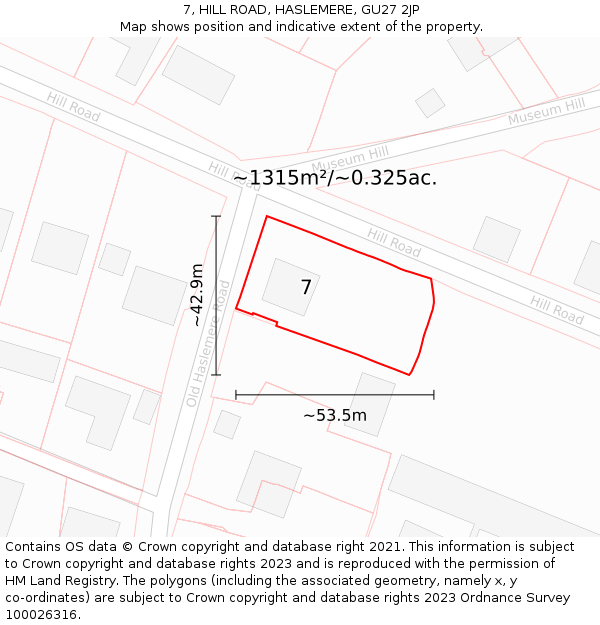 7, HILL ROAD, HASLEMERE, GU27 2JP: Plot and title map