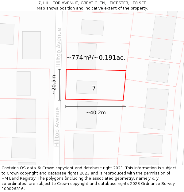 7, HILL TOP AVENUE, GREAT GLEN, LEICESTER, LE8 9EE: Plot and title map