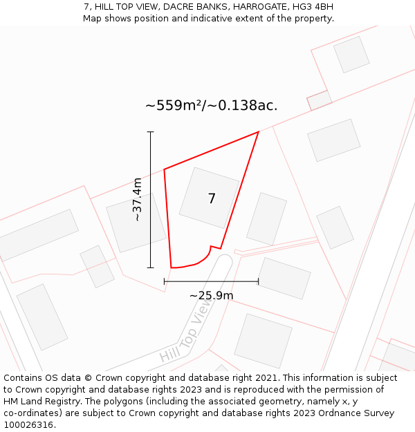 7, HILL TOP VIEW, DACRE BANKS, HARROGATE, HG3 4BH: Plot and title map