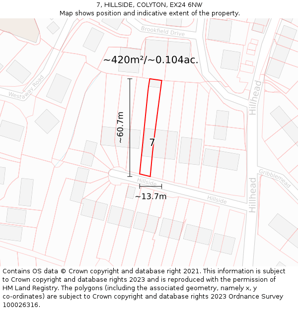 7, HILLSIDE, COLYTON, EX24 6NW: Plot and title map