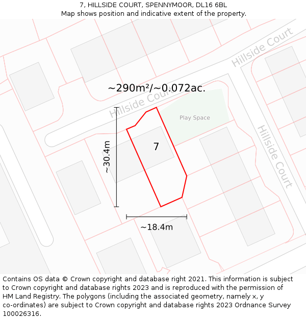 7, HILLSIDE COURT, SPENNYMOOR, DL16 6BL: Plot and title map