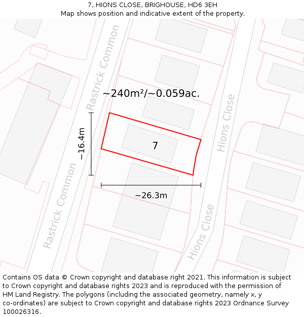 7, HIONS CLOSE, BRIGHOUSE, HD6 3EH: Plot and title map