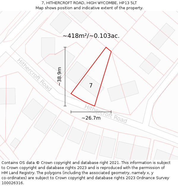 7, HITHERCROFT ROAD, HIGH WYCOMBE, HP13 5LT: Plot and title map