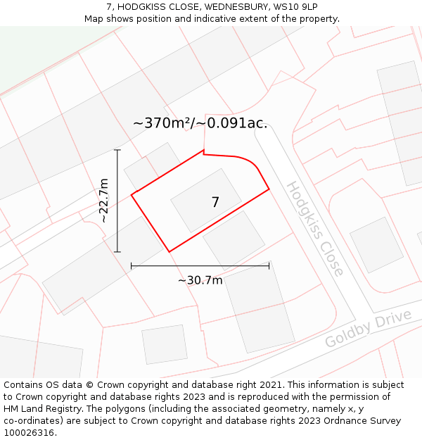 7, HODGKISS CLOSE, WEDNESBURY, WS10 9LP: Plot and title map