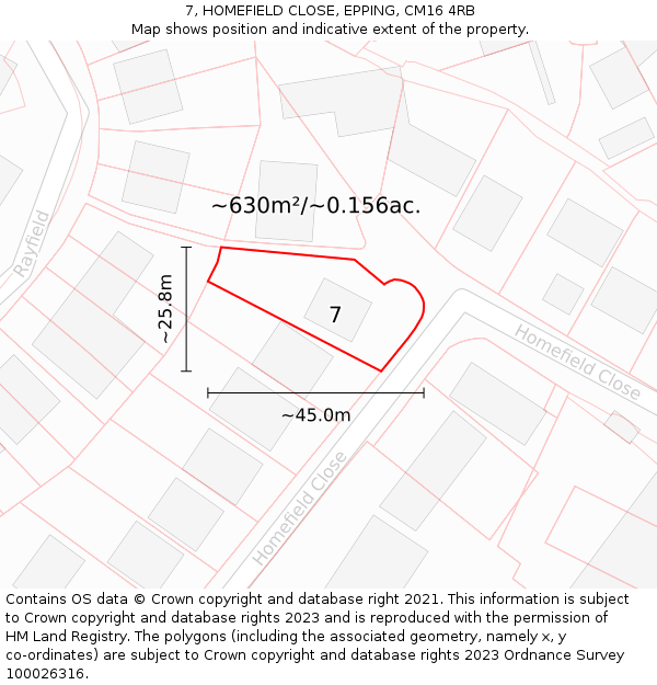 7, HOMEFIELD CLOSE, EPPING, CM16 4RB: Plot and title map